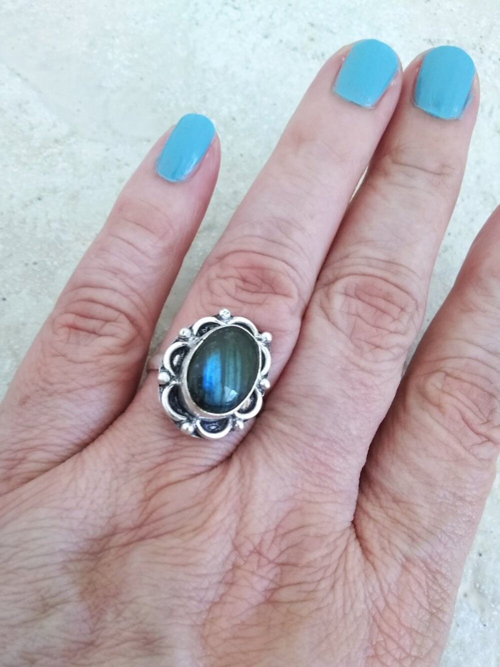 Sz 8 - Small Oval Labradorite Ring - Blue Flash - Feminine Essence